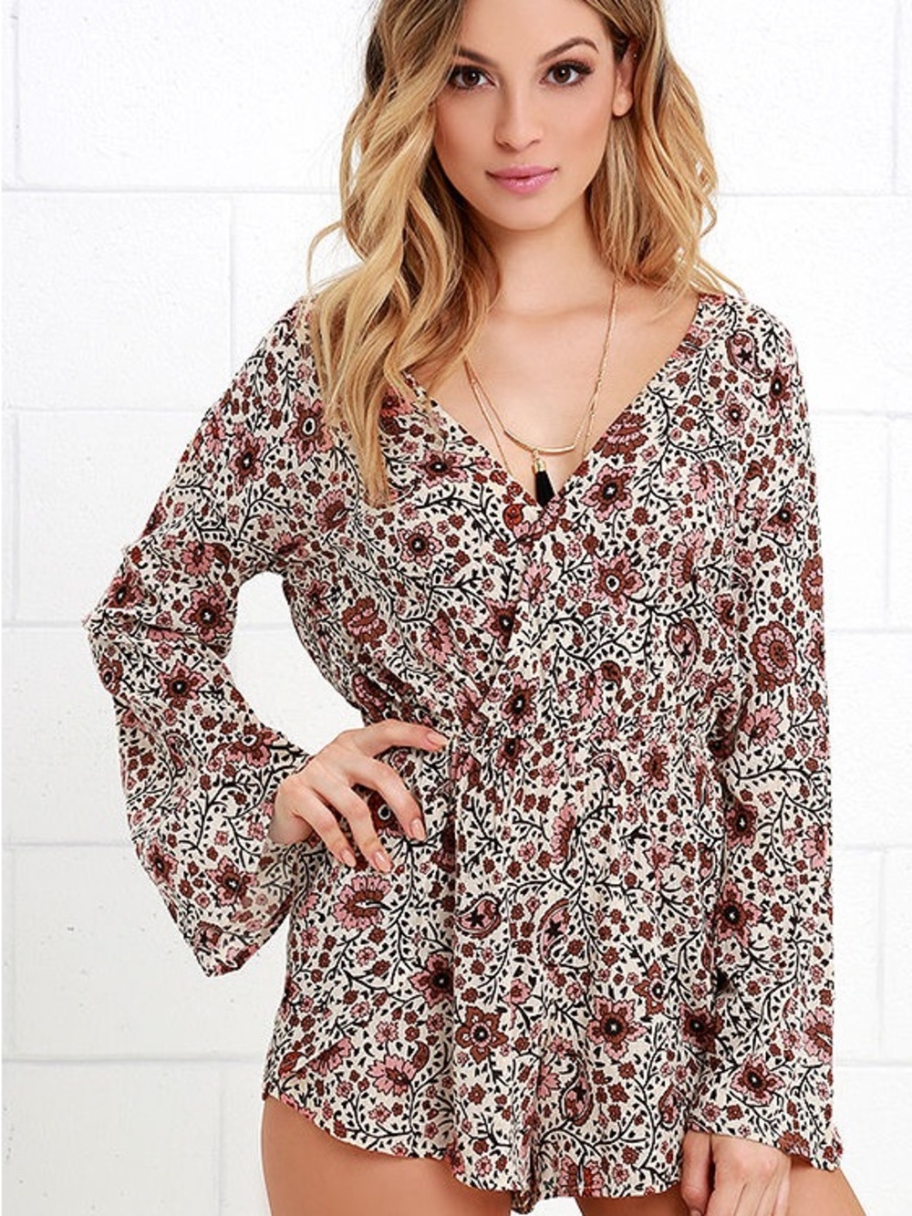 Amuse Society Floral V-Neck Long Sleeve Romper